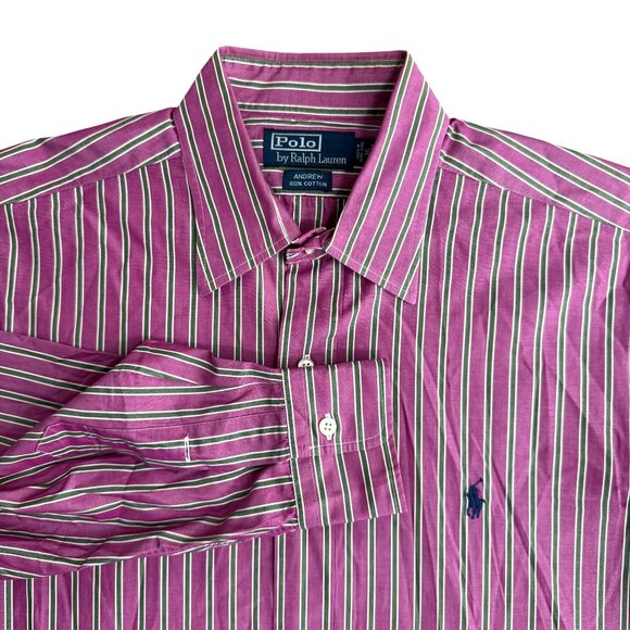 Polo Ralph Lauren Andrew Mens Pink Green Striped Button Down Dress Shirt 16 Pony - Picture 1 of 6